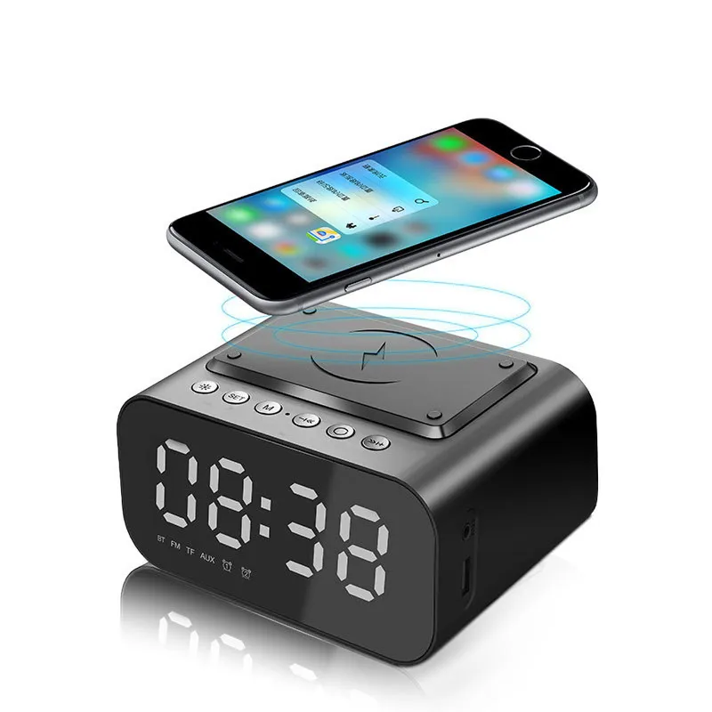 Trådlös laddare Alarmklocka Bluetooth -högtalare LED Smart Digital Table Electronic Desktop Clocks FM Radio USB Fast Charging2169702