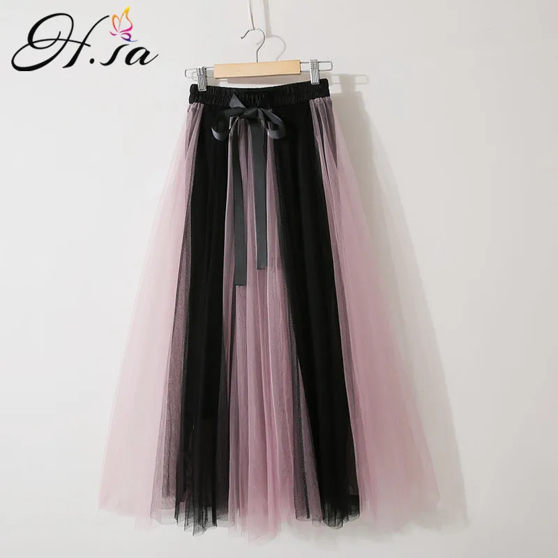 HSA Kvinnor Sommar Tutu Gaze Mesh Bow Slips Waist Patchwork Kjolar Tjejer Koreanska Style Party Beach Long Faldas Jupes 210417