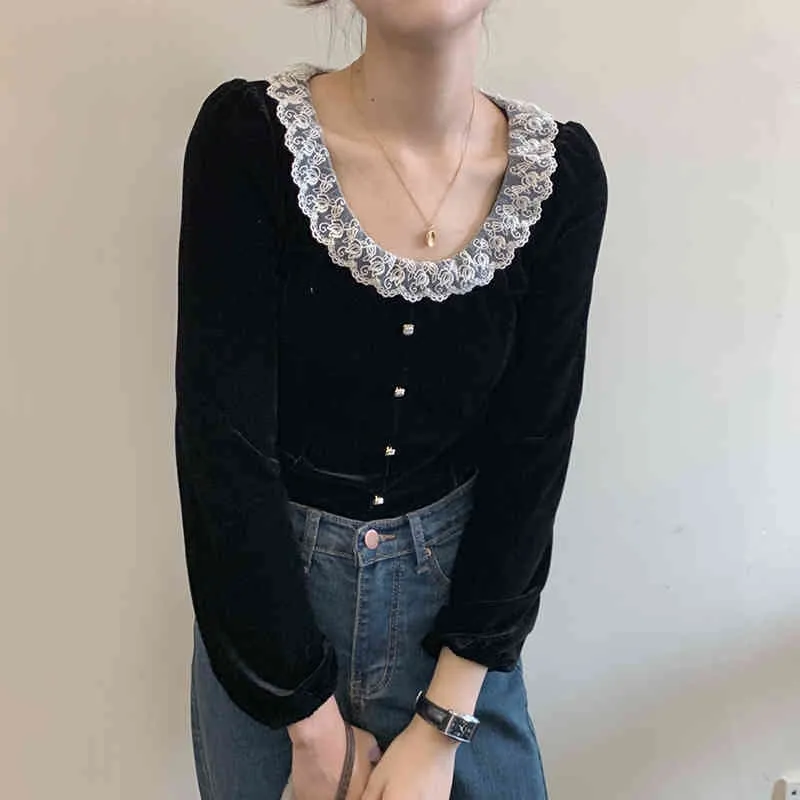 élégant velours femmes blouses noir dentelle patchwork automne blusas mujer hauts chemises mode rétro 18303 210415