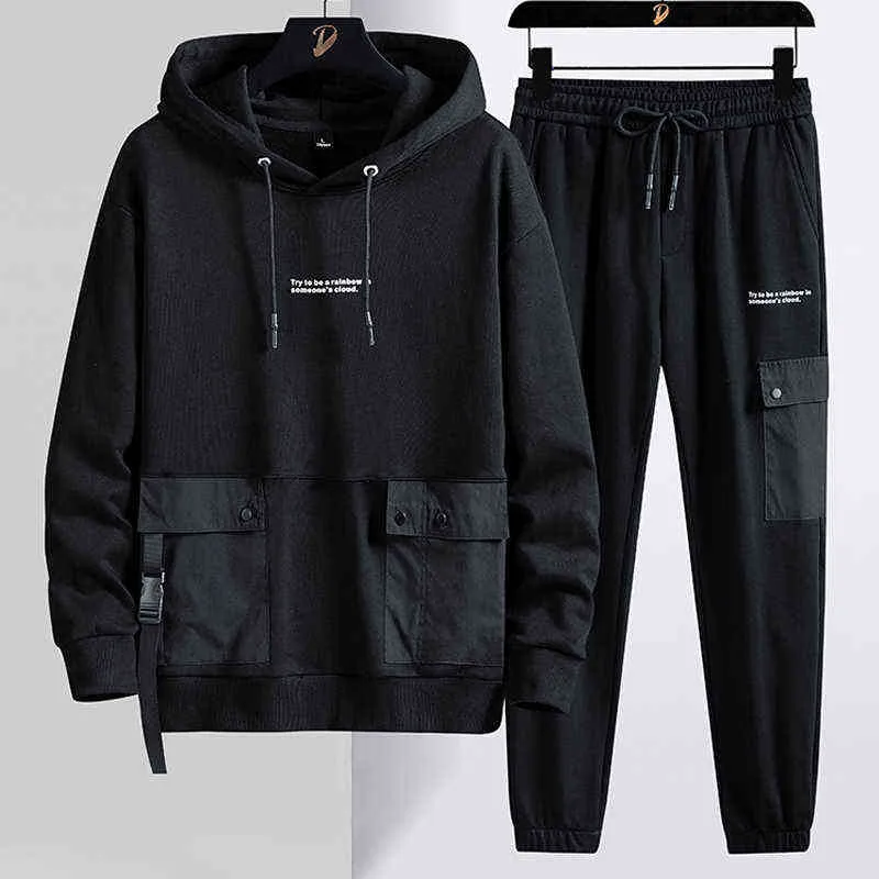 Vår Höst Multi-Fockets Plus Size Tracksuit Män Streetwear Svart Grå Pullover Hoodie + Byxor Set Män Sportande kostymer 211123