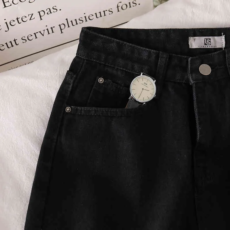 Summer Black Jeans Kvinnors High-Waisted Straight Leg Retro Byxor Kvinna Knee Längd Streetwear Denim Shorts 210525