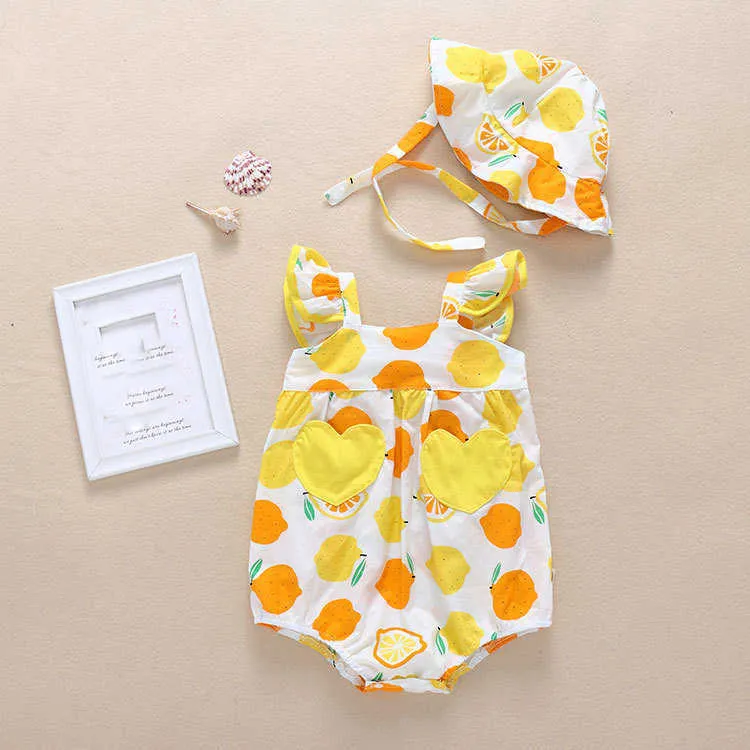 Zomer baby kleding merk mode schattige fruit jurk + slips + hoofd touw toddlergirls kleding 210611