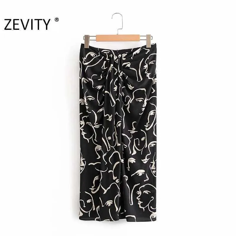 ZEVITY Women vintage graffiti print Knotted draped sarong skirt faldas mujer female split vestido back zipper slim skirts QUN694 210603