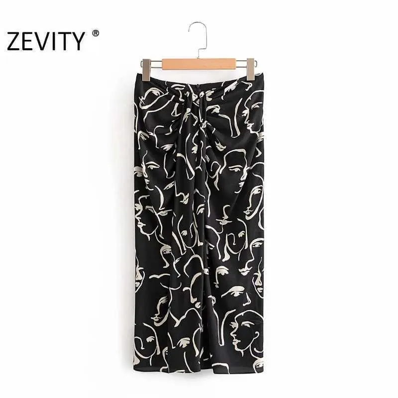 Zevity Women Vintage Graffiti Print Knuted Draped Sarong Skirt Faldas Mujer Female Split Vestido Back Zipper Slim Kjolar Qun694 210603