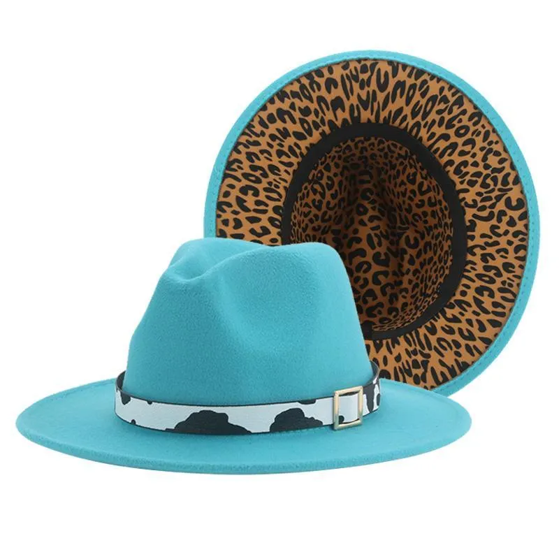 Kadınlar için Geniş Ağız Şapkalar Fedoras Şapka Leopar Patchwork Panama Kış Erkekler Kemer Vintage Kovboy Caz Caps Sombreros de Mujer
