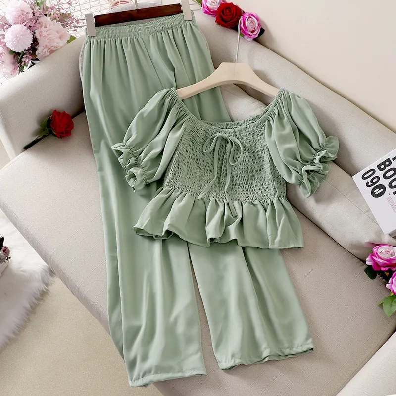 Kimutomo Women Set Clothing Slash Neck Flare Sleeve Ruffles Short Chiffon Top and Elastic High Waist Wide Leg Pants Spring 210521