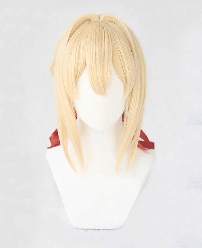 Violet Evergarden Ponytail Örgü Çörekler Sarı Saç Isıya Dayanıklı Cosplay Kostüm Peruk Kapağı Şeridi Y0913266E