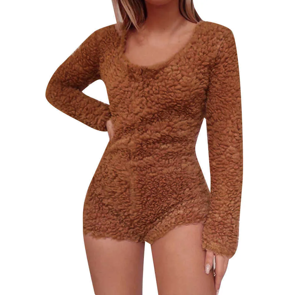 Autumn Winter Teddy Plush Women Playsuits Casual O Neck Long Sleeve Slim Short Jumpsuits Ladies Warm Soft Bodycon Furry Rompers 210526