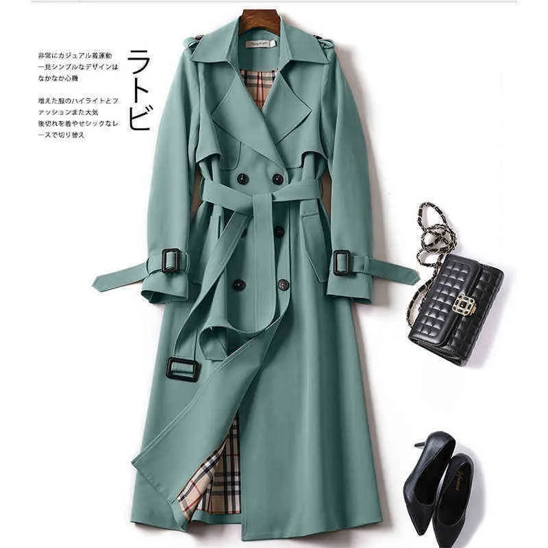 Vår Höst Nytt märke Lång Designer Trench Coat För Kvinnor Lapel Dubbelknäppt Smal Koreansk Elegant Solid Dam Y1106
