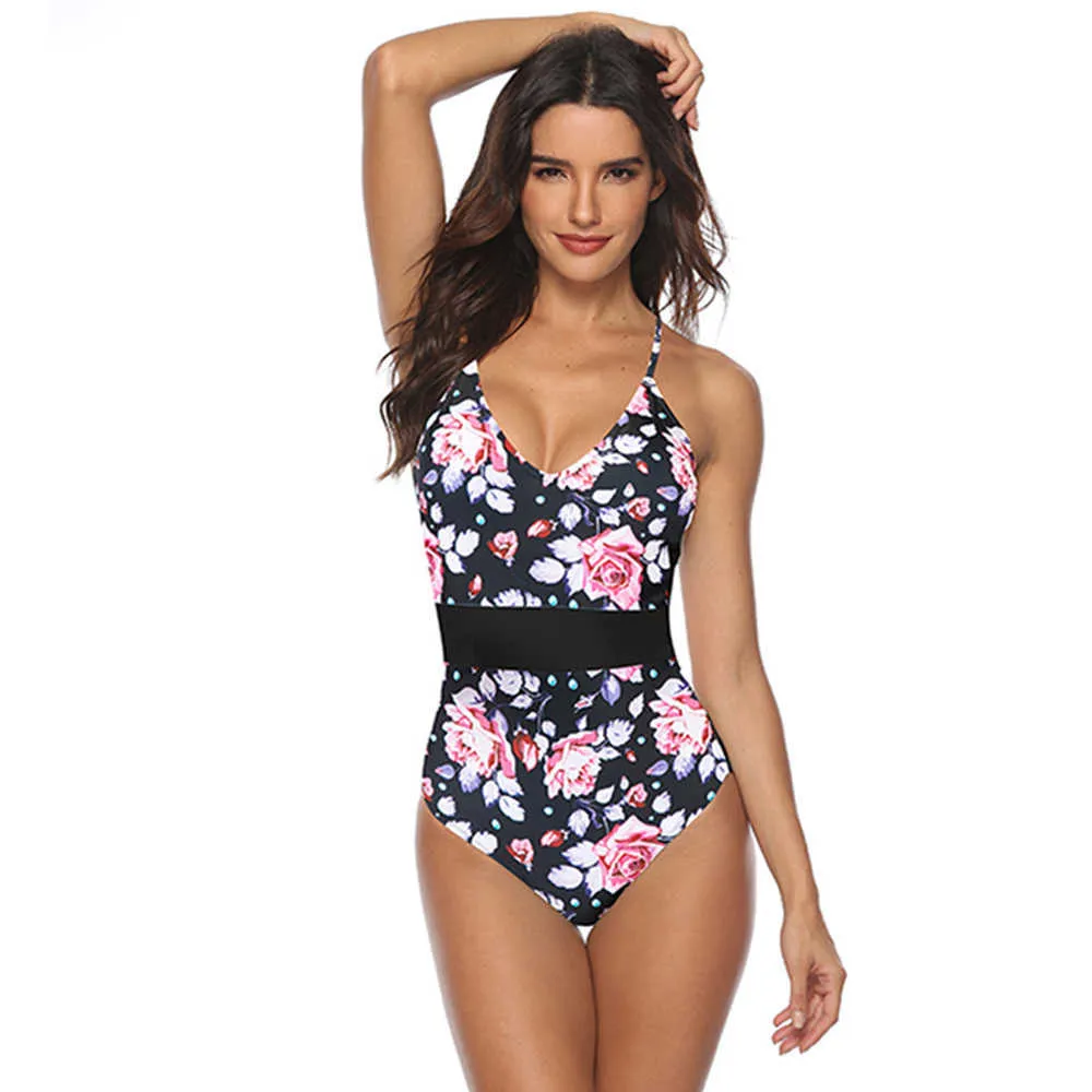 Vintage Swimsuit Women Sexy Floral Monokini Plus size Deep V Neck Swimwear Backless Print Bathing suit Beachwear 210604