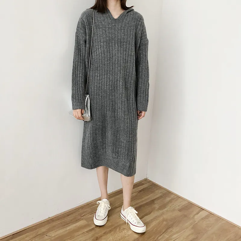 Winter Autumn Fashion Hooded Sweater and Pullovers Long STYLE Casual Striped Korean Oversized Dress 210430