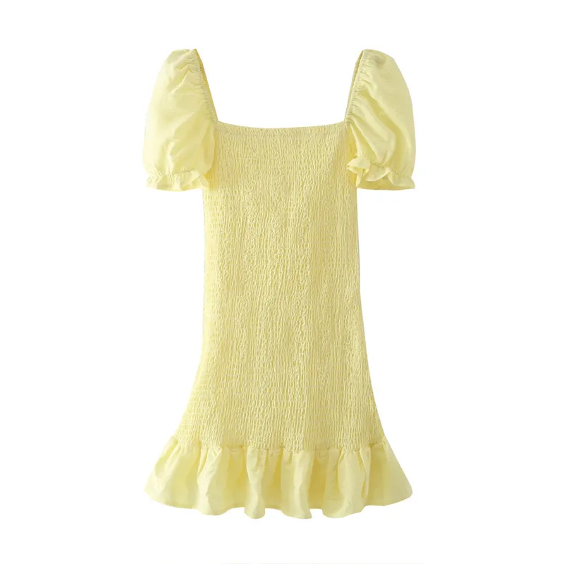 Été Jaune Texturé Volant Mini Robe Femmes Mode Slim Élastique Smocké Club Femme Manches Courtes Robes 210430