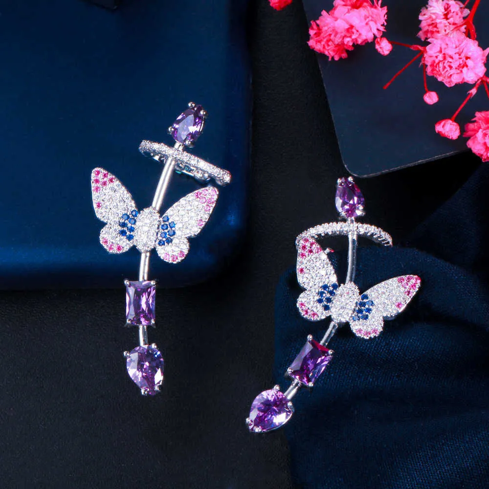 女性ファッションパンクジュエリーCZ874 210714のための対称的な紫キュービックジルコニアの素敵な蝶の耳カフクライマースタッドイヤリングCZ874 210714