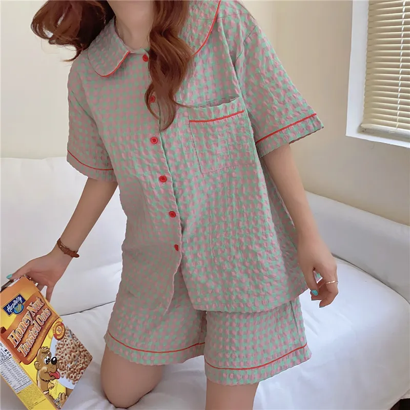 Confortável Sleepwear All Match Solto Doce Homewear Verão Geométrica Chic Chic Mulheres Meninas Pijamas Sets 210525