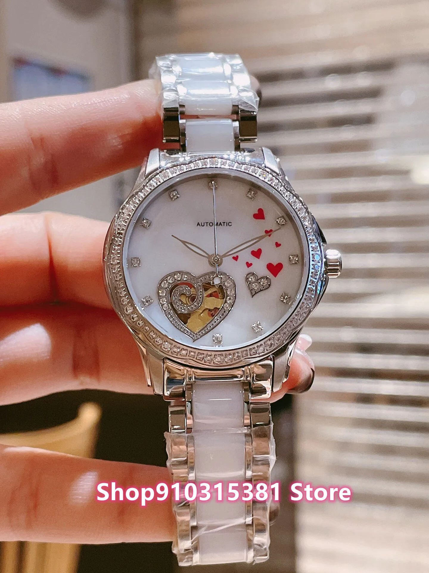 Mode femmes en acier inoxydable coeur géométrique montres étanche dame automatique mécanique montre en céramique Tourbillon horloge 32mm