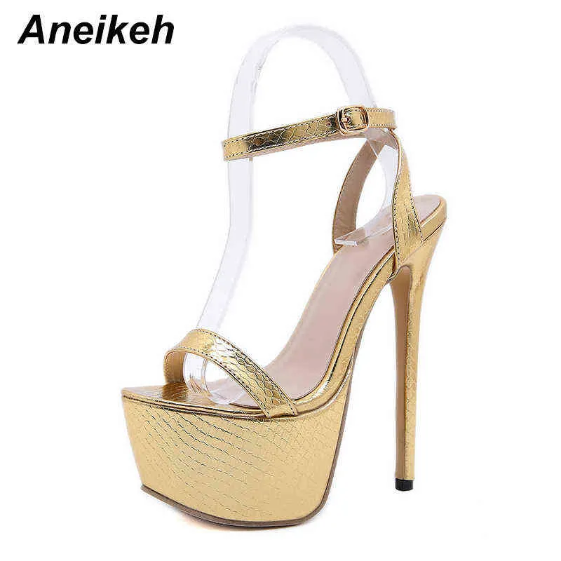 Sandals Aneikeh NEW Sexy Women Bling Golden PU Peep Toe Stripper High Heel Summer Fashion Buckle Strap Thin Heels Slides 220121