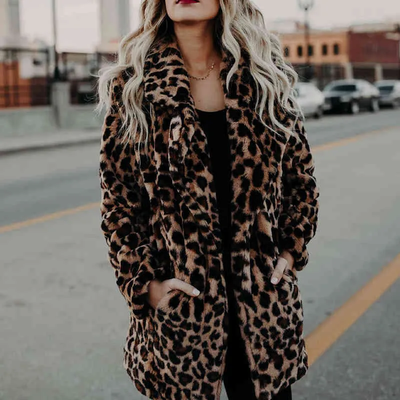 Moda abrigo de invierno abrigo de mujer de lujo de manga larga con cuello de solapa estampado de leopardo de lana grueso cálido Midi de talla grande 3XL 211220