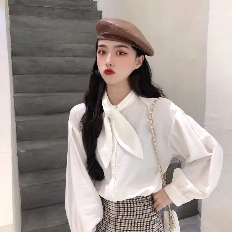 Bow Korean Blouse Women Casual Solid Office Lady White Shirt Fashion Autumn Clothes Elegant Long Sleeve Female Work Tops 210604