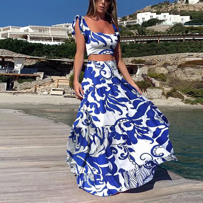 Boho Sexy Maxi robe grande taille 3XL dame deux pièces ensemble plage es élégant été pour les femmes Vestidos De Mujer A870 210420