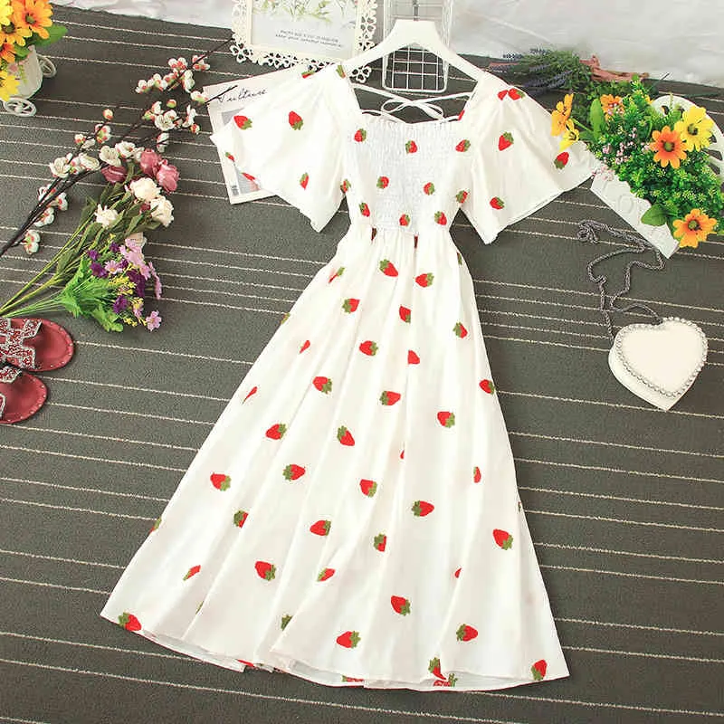 Verão fada temperamento fino vestido doce fruta cereja bordado vestidos feminino estilo coreano UK055 210506