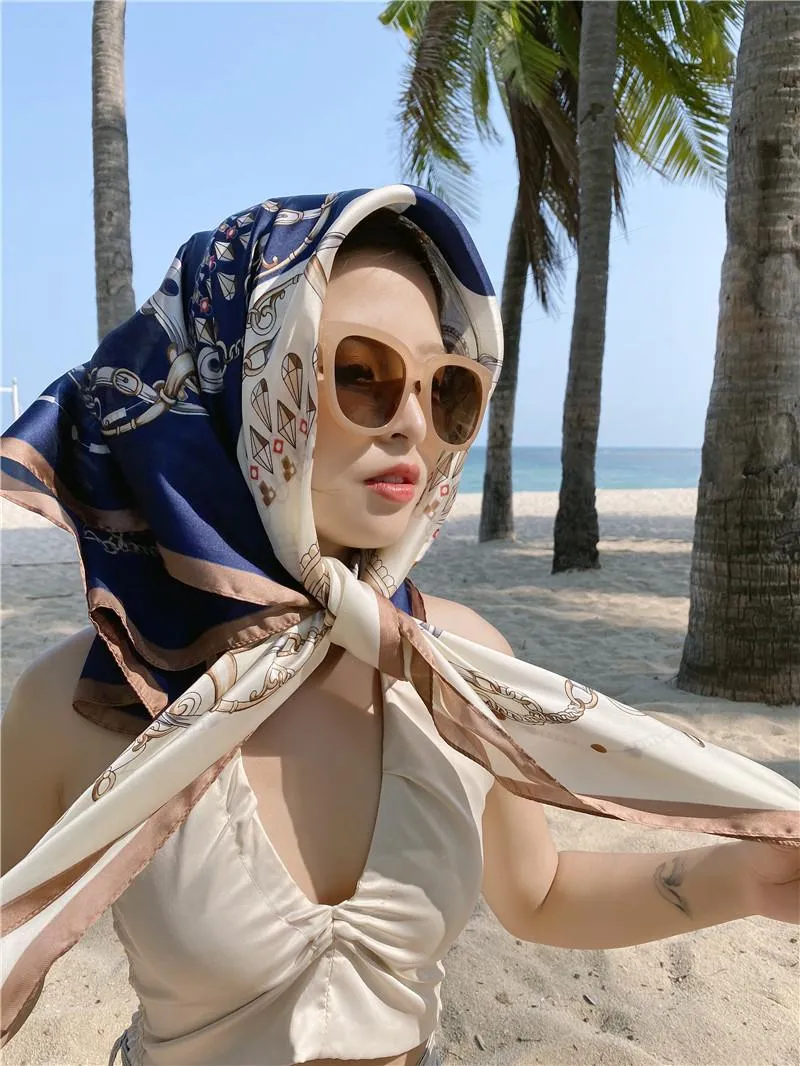 Шарфы 90 см, большой квадратный шелковый шарф, дизайнерский головной платок с принтом, 2022, большой носовой платок, шаль-хиджаб для женщин2937