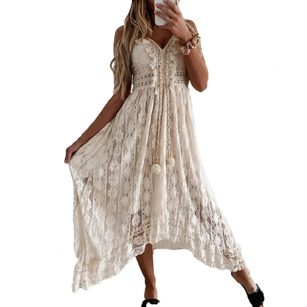 Maxi vestidos para mulheres 2021 oco out lace mulheres spaghetti cinta grande bainha vestido para namoro verão branco xxl x0521