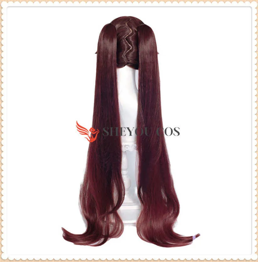 43 pulgadas 110 cm largo marrón cosplay hu tao peluca con colas de caballo genshin impacto hutao pelo sintético resistente al calor + gorra y0913