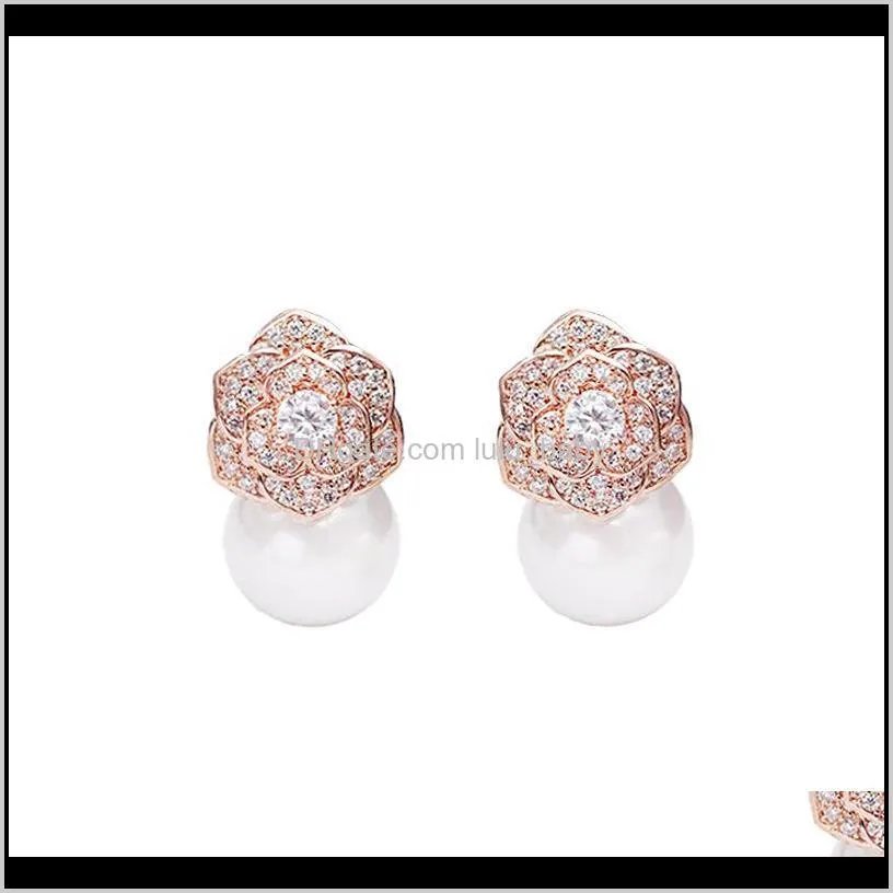 lovely diamond zircon camillia flower pearl stud earrings for woman girls super glittering ins fashion luxury designer 925 silver post