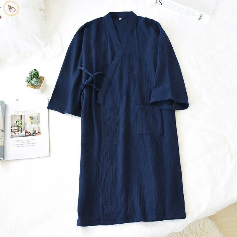 Automne 100% Coton Crêpe Robes Femmes Mince Kimono Japonais Peignoir Solide Demi Pijamas Sommeil Tops Lâche et Doux Robe De Chambre 210901