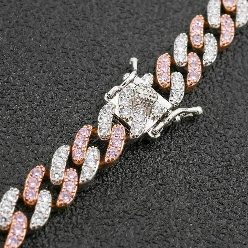 Hip Hop Necklace 9mm Single Row Pink White Zircon Cuban Chain Male And Female Hiphop Accessories Chains262F