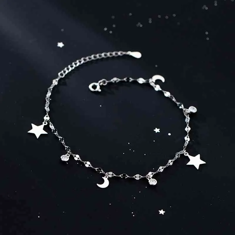 WANTME 925 argent Sterling luxe brillant Zircon étoile lune romantique chaîne cheville pour femmes Simple mode coréen charme bijoux
