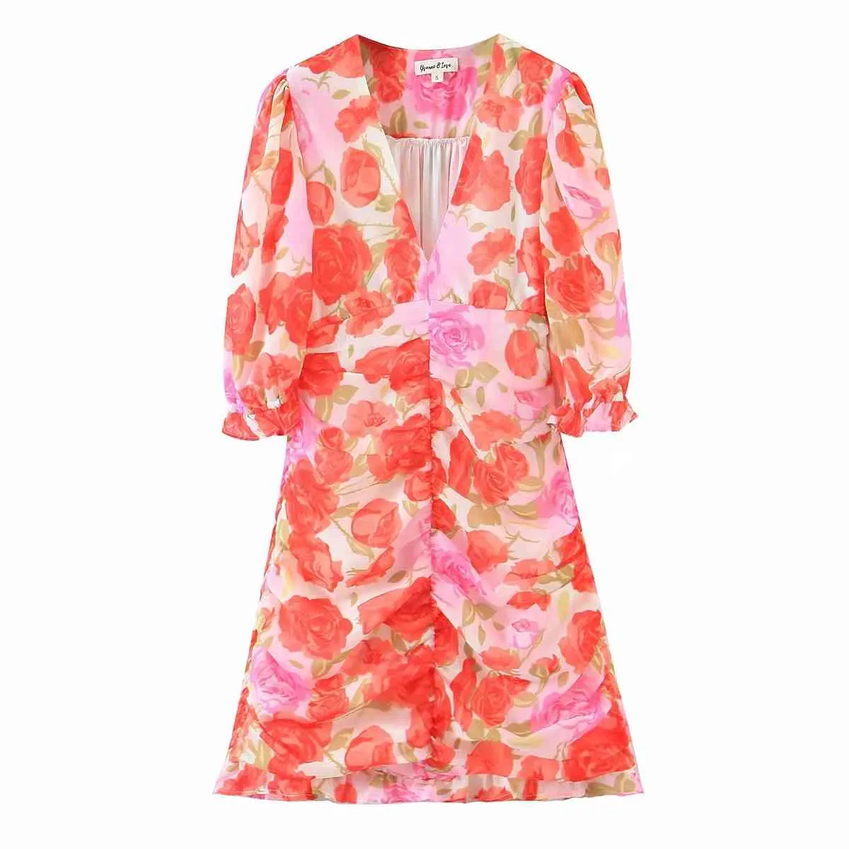 Rose imprimé floral à manches longues printemps automne froncé robe rouge femmes Vintage plage Boho court Mini Vestidos 210427