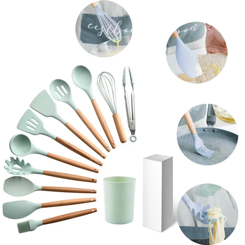 Juego de utensilios de cocina de silicona, espátula antiadherente, mango de madera con caja de almacenamiento, accesorios de herramientas de cocina