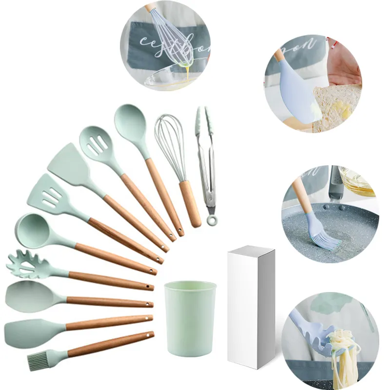 Set di utensili da cucina in silicone spatola antiaderente pala manico in legno con scatola portaoggetti accessori utensili da cucina