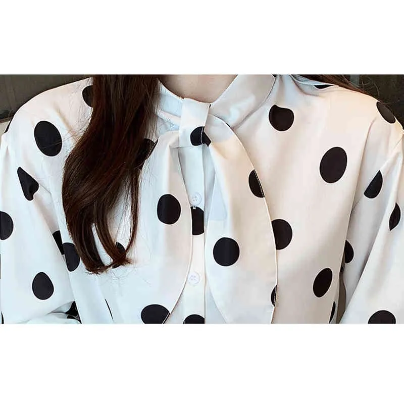 Mode strikje Koreaanse blouse vrouwen dot chiffon shirt lente en herfst stand kraag lange mouw tops Blusas kleding 12260 210417