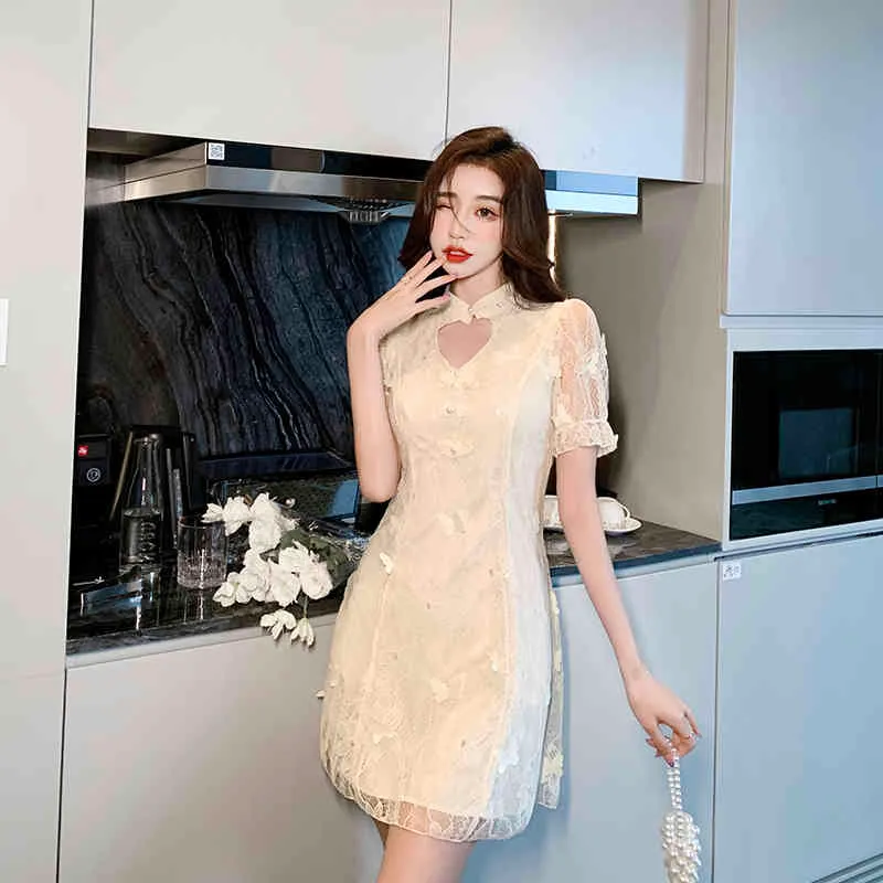 Sommar Elegant Retro Cheongsam Förbättrad version Klänning Mode Lace Kortärmad Slim Mini Party Dresses Vestidos 210518