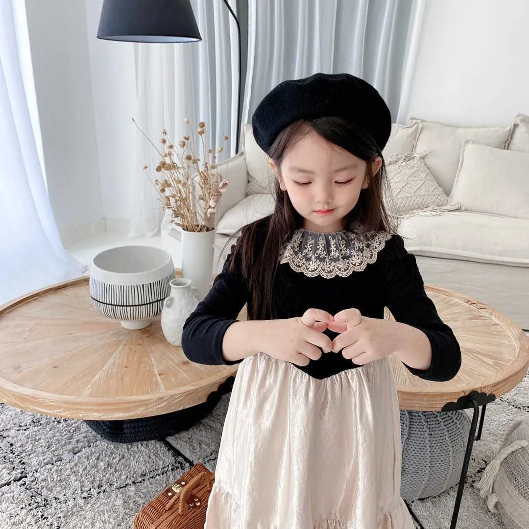 Fashion Kids Black Lolita Dress Designer Girls Lace Collar Vintage Velvet Spring Clothing 210529
