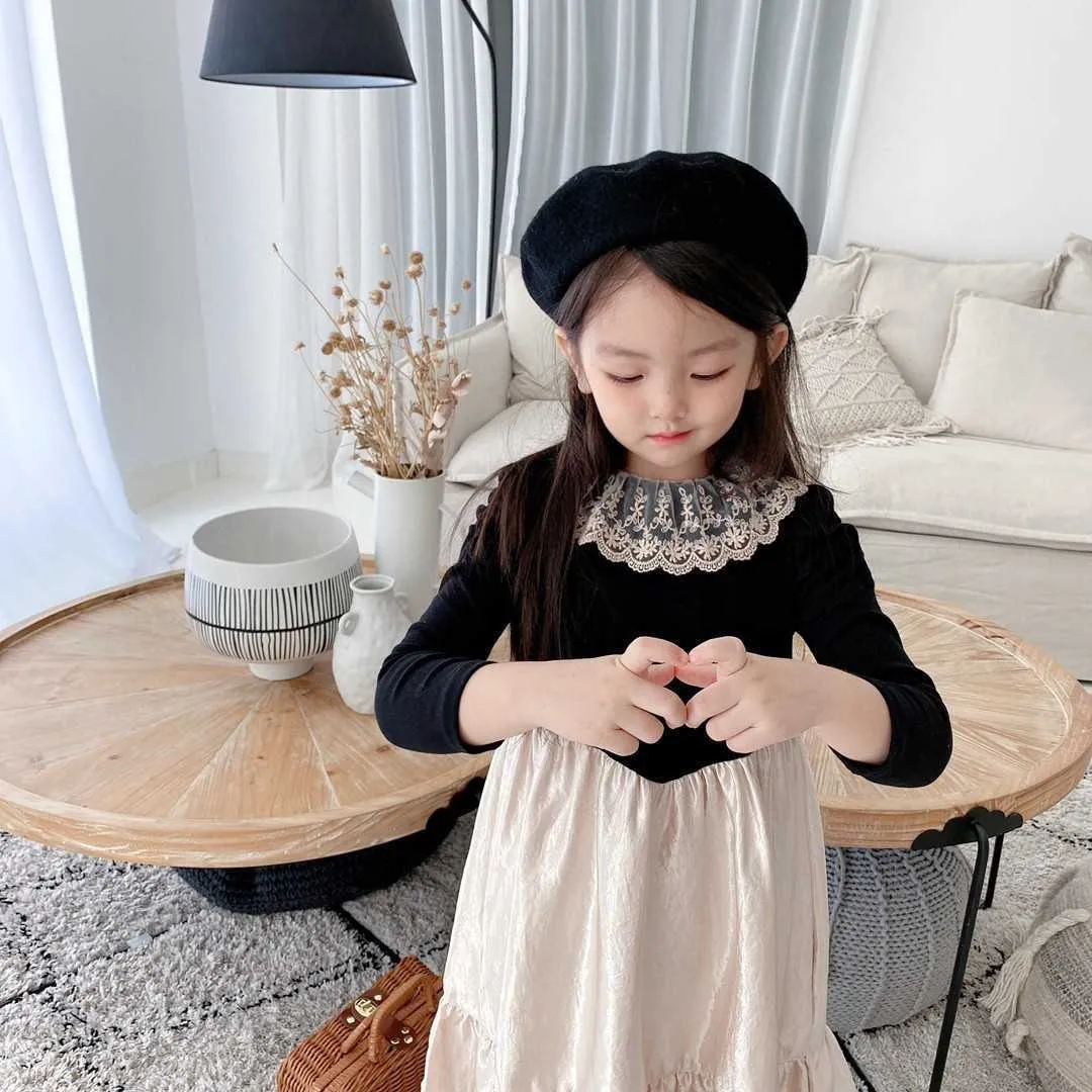 Moda Crianças Preto Lolita Dress Designer Girls Lace Collar Vintage Velvet Spring Roupas 210529