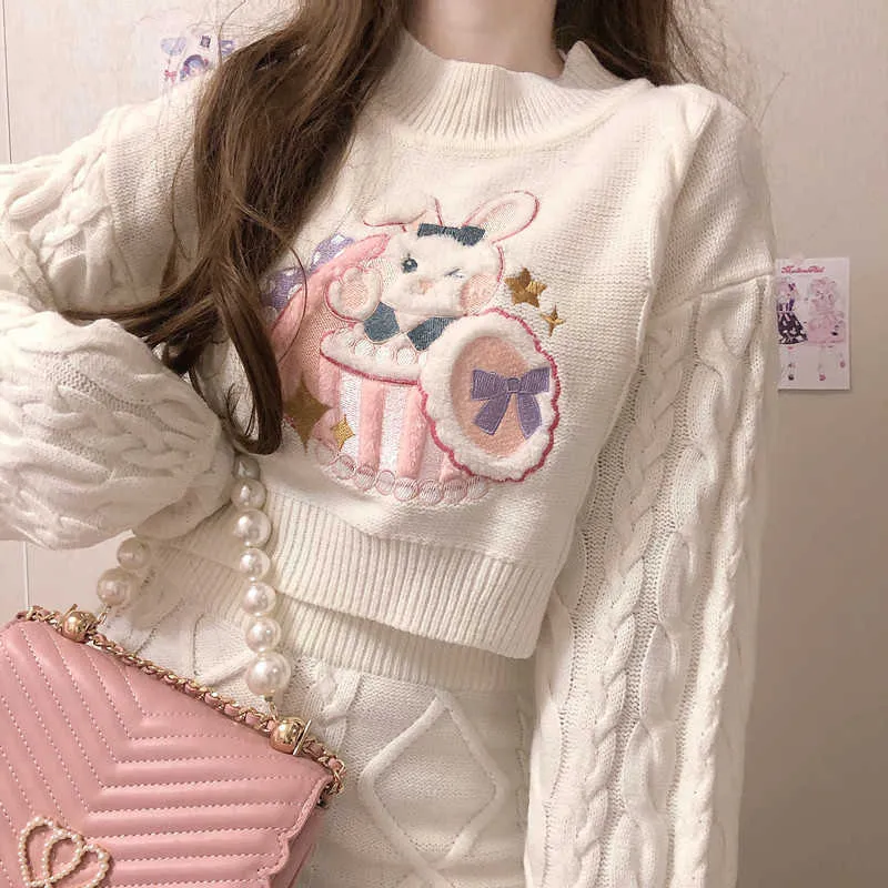 Dopasowane zestawy Sukienka Sweet Cute Swetry Half High Collar Puff Sweter Sweter Rabbit Haft Jacicard Top Mini Spódnica 210610