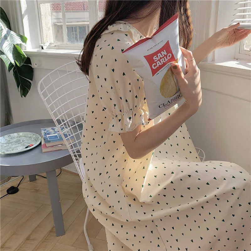 Tryckta hjärtor Sleepwear Girls Casual Homewear Dress Pyjamas Loose Cotton Chic Sweet Princess Sommar Nattdress 210525