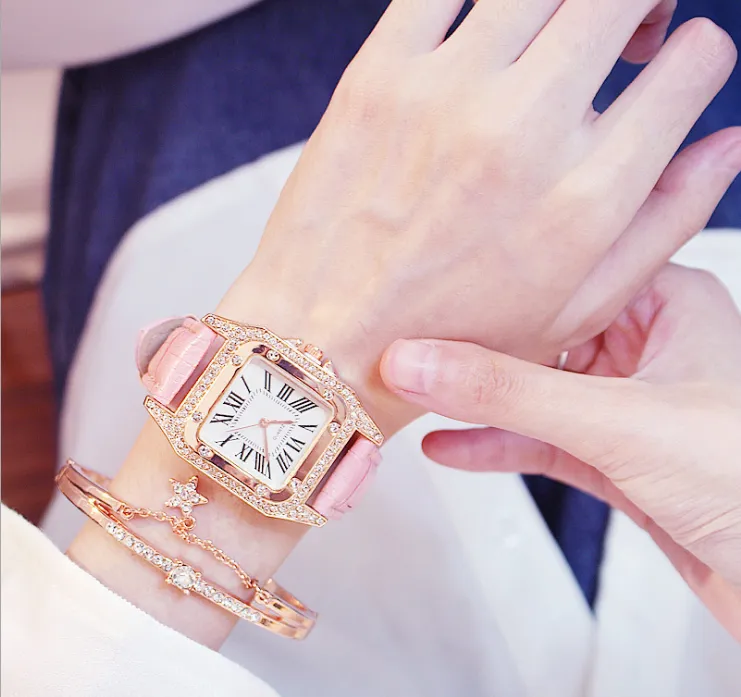 KEMANQI marque entière cadran carré diamant lunette bracelet en cuir femmes montres Style décontracté dames montre Quartz montres 283T