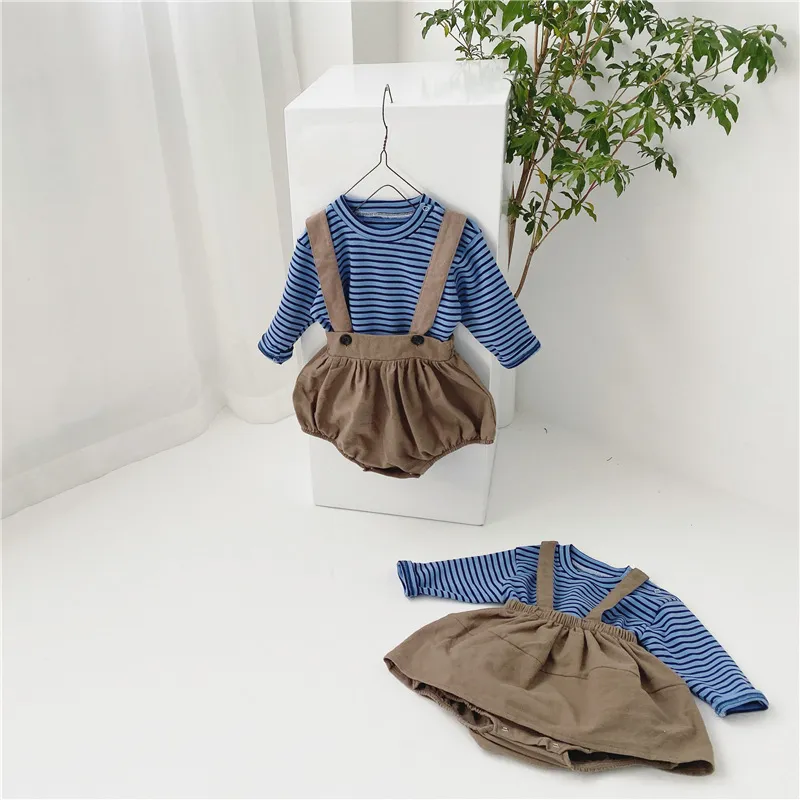 Korean style baby boys girls striped sets cotton casual long sleeve T shirt and bodysuit brother sister clothes 210508