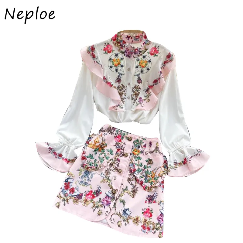 Neploe Vintage Print Slim 2 Stück Damen Set Stehkragen Flare Langarmshirt + hohe Taille Hüfte A-Linie Rock Frühlingsanzug 210423