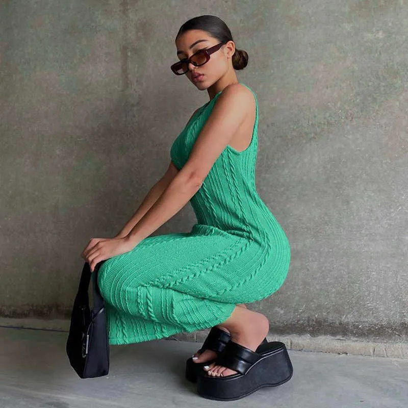 New Summer Solid Color Knitted Sleeveless Round Neck Dress Women Outfits Streetwear Clubwear Casual Urban Bodycon Tank Dresses Y1006