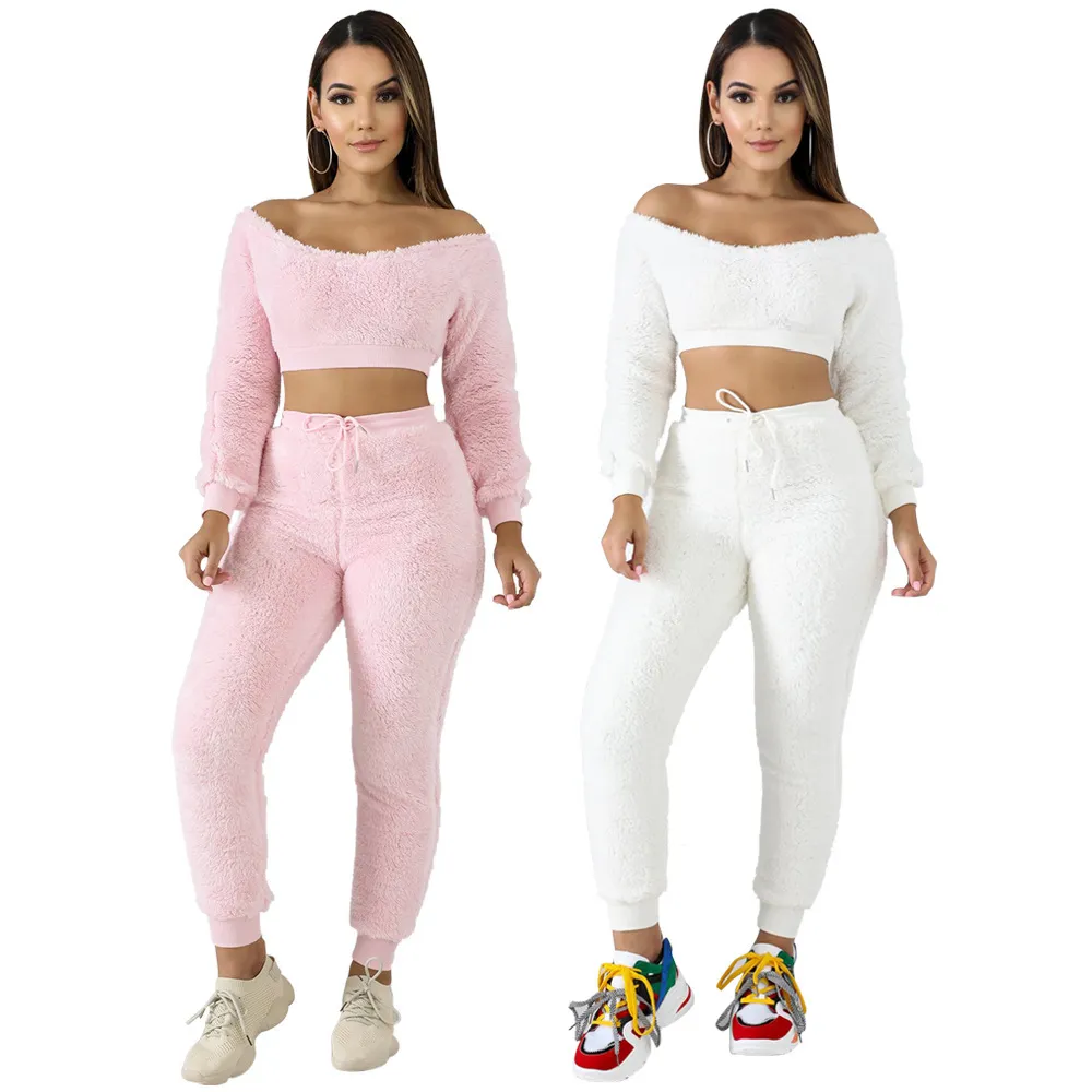 Mode Bady Rosa Fall Vinter Kläder Tracksuit Kvinna Matchande Sats Slash Collar Pullover Topp Baggy Byxor Sweatpants Suit 210525