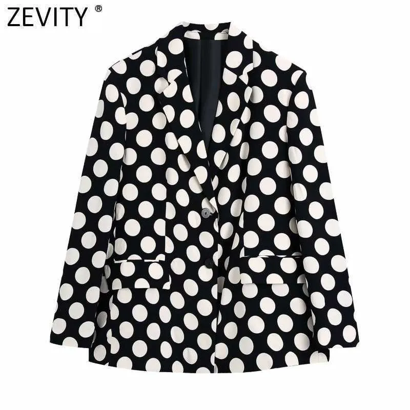 Zeefity Dames Vintage Polka Dots Print Blazer Jas Lange Mouwen Gekleed Kraag Vrouwelijke Bovenkleding Chic Suits Veste CT750 210930