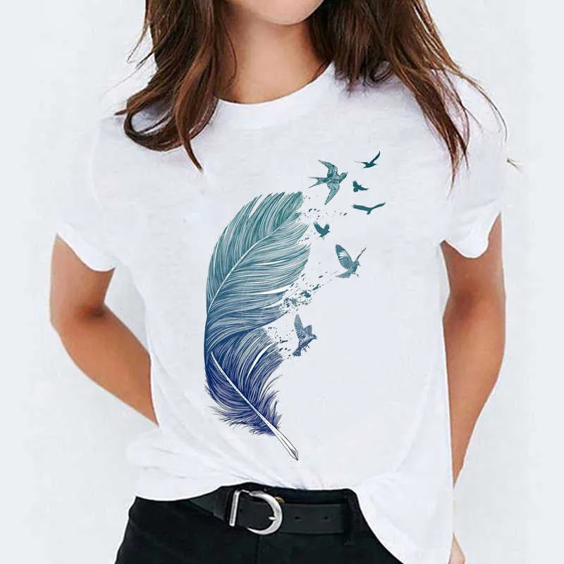 Tシャツのトップ女性のためのトップ女性水彩羽の鳥漫画90年代カジュアルプリントレディレディースグラフィックTシャツレディース女性ティーTシャツx0527