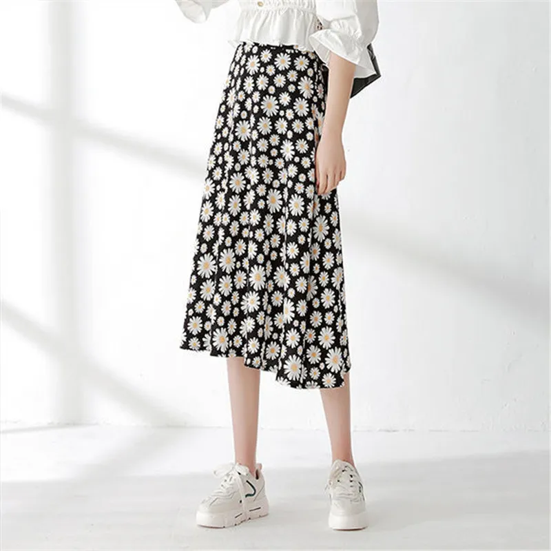 Koreaanse Daisy Chiffon Gedrukt Vrouwen Midi Rokken Hoge Taille Casual Slanke Vrouwelijke Lange Rok Vintage Zomer Mode Dames Bodems 210421