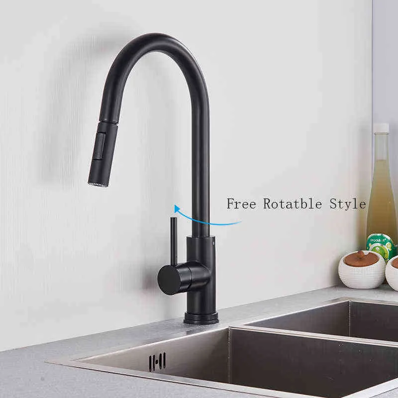 Matte Black Kitchen Faucet Pull Out Kitchen Sink Faucet Single Handle Faucet 360 Degree Rotating Sink Mixer Kitchen Tap 211108