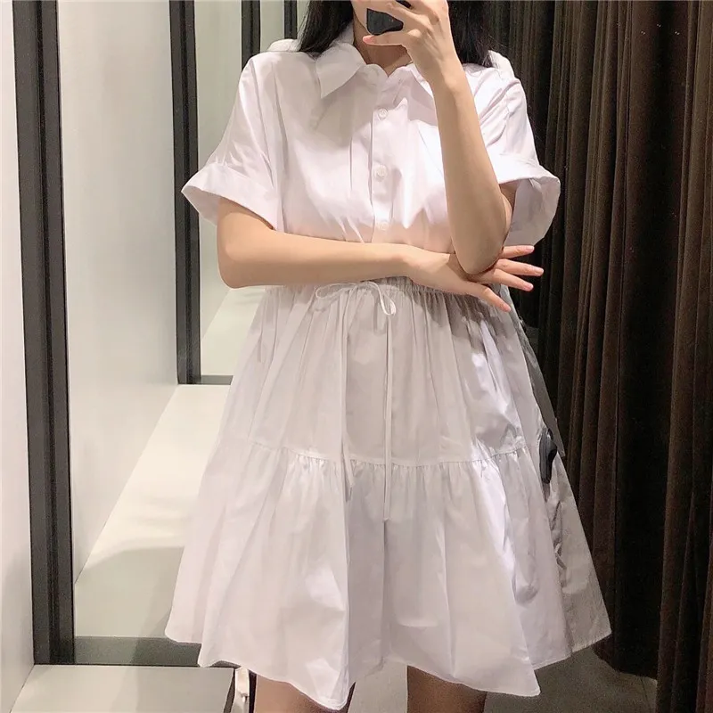 Moda blanco drapeado mini camisa vestido mujeres verano o cuello manga corta vestidos femeninos vestidos 210430